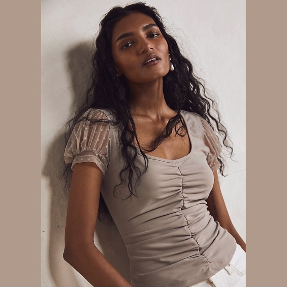 FREE PEOPLE Intimately Sheer Swiss Dot Puff Sleeve Gray Cami, size extra small
